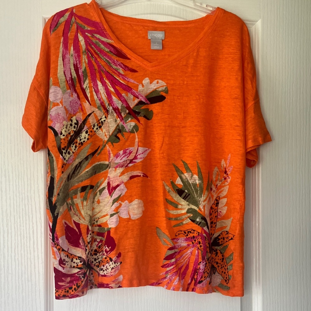 Chico's Bright Orange Tropical Floral V-Neck Linen Tee